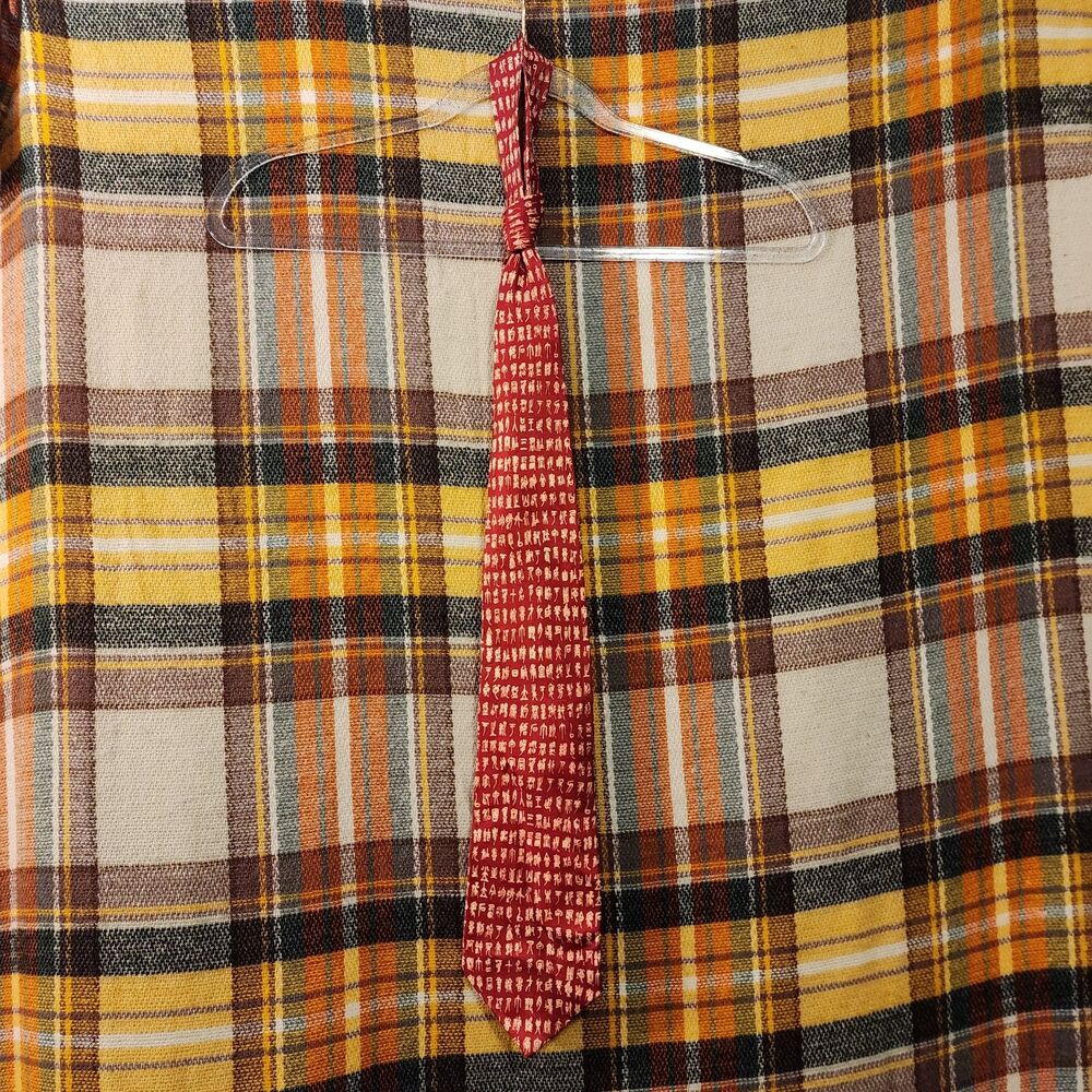 Vintage Handmade Kai Long Burgundy Chinese Script Print Necktie.